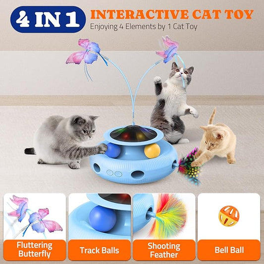 Pawtners Interactive Cat Toy 4 in 1 Automatic Cat Toy for Indoor Cats, Self Play Kitty Toy with Fluttering Butterfly, Track Ball and Feather Pack, Blue