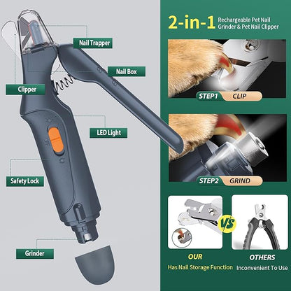 2-in-1 Cat Nail Clippers & Dog Nail Clippers Trimmers for Large Medium Small Dogs Cats Claw Trimmer Quick Sensor and Safety Guard USB Rechargeable with 2 LED Lights Dogs Nail Trimmer