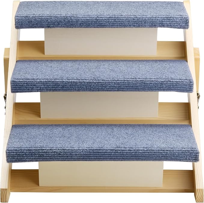 VEVOR Wood Pet Stairs, 3-Step Dog Stairs for Beds, Sofa & Cars, 150lbs Load Capacity, Floded Flat Design, Stable & Sturdy Cat & Dog Step Ladder for Small Medium Large Older Pet Puppy Essentials