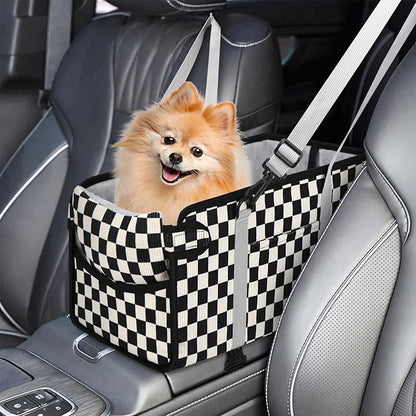 Portable Dog Car Seat for Small Dogs - Pet Booster Seat with Safety Leash & Anti-Collapse Design, Washable Cushion - Center Console Car Travel Carrier for Pets Up to 12 lbs, Black Checkered