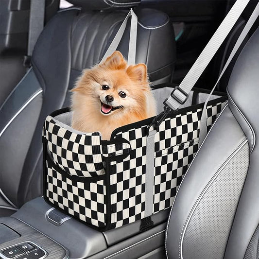 Portable Dog Car Seat for Small Dogs - Pet Booster Seat with Safety Leash & Anti-Collapse Design, Washable Cushion - Center Console Car Travel Carrier for Pets Up to 12 lbs, Black Checkered