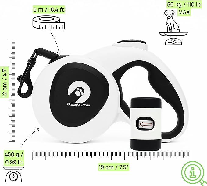 Snuggle Paws Retractable Dog Leash 16ft – Heavy Duty All-in-One Dog Leash with LED Flashlight, Poop Bag Holder, Chew Proof Steel Cable & Reflective Tape – Size L