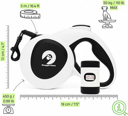 Snuggle Paws Retractable Dog Leash 16ft – Heavy Duty All-in-One Dog Leash with LED Flashlight, Poop Bag Holder, Chew Proof Steel Cable & Reflective Tape – Size L