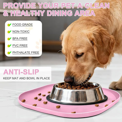 Small Silicone Pet Food Mat with Raised Edge for Food and Water Bowl, Square Dog Feeding Mats, Cat Food Trays for Floor Waterproof, Rubber Tray for Dogs and Cats, 12 x 12 x 0.7 Pink