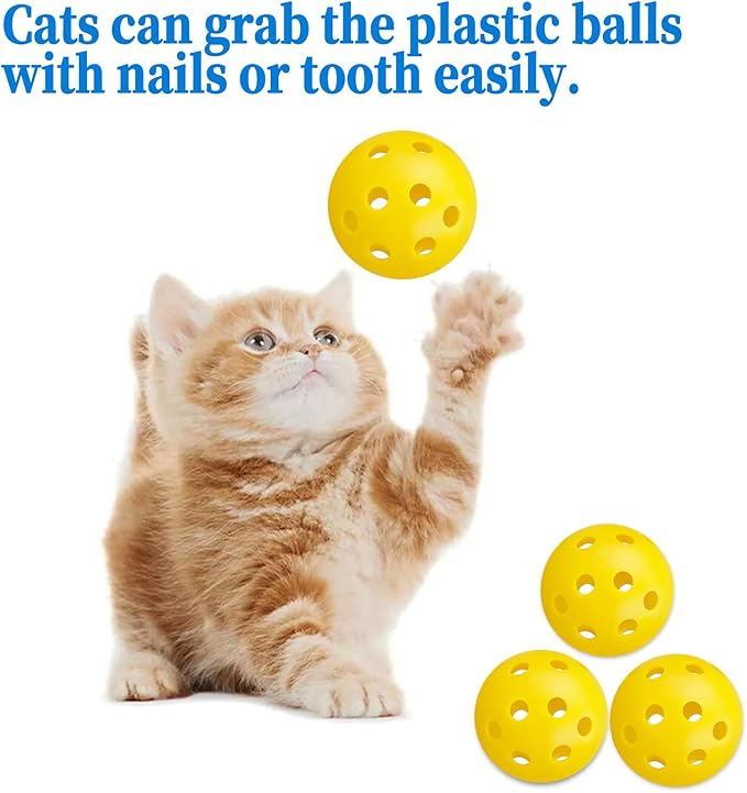 12Pcs Cat Ball Toy, Low Noise No Bells Holey Plastic Cat Balls, Funny Interactive Cats Toys for Indoor Cats, Firm Toy Balls for Kitten Puppy Ferret Bird (1.65", Yellow)