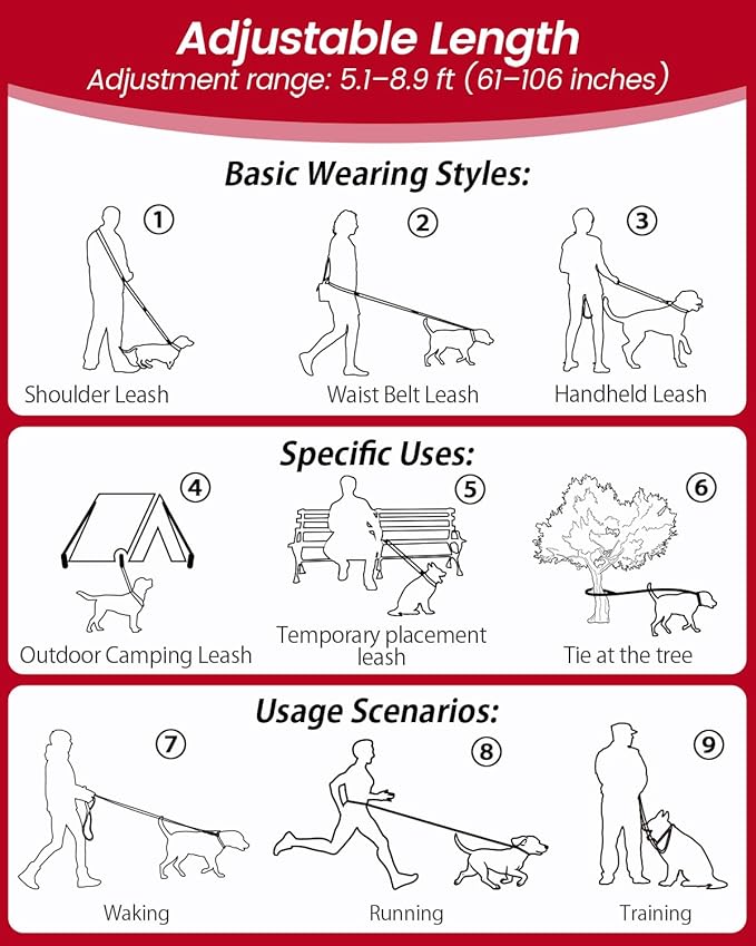 Hands Free Dog Leash, 5.1-8.9Ft Crossbody Long Leash, Waist Dog Belt for Small & Medium Dogs, City Walking & Running Outdoor Hiking &Travel etc. (Black)