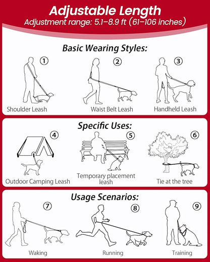 Hands Free Dog Leash, 5.1-8.9Ft Crossbody Long Leash, Waist Dog Belt for Small & Medium Dogs, City Walking & Running Outdoor Hiking &Travel etc. (Black)