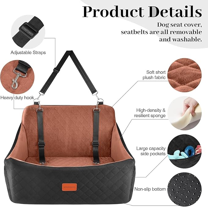 Wooaidagg Dog Car Seat for Medium & Large Dogs Up to 55lbs, Memory Foam Cushion, Washable Cover, Safety Straps & Non-Slip Bottom(Black/Brown,Large)