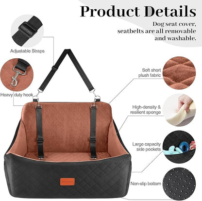 Wooaidagg Dog Car Seat for Medium & Large Dogs Up to 55lbs, Memory Foam Cushion, Washable Cover, Safety Straps & Non-Slip Bottom(Black/Brown,Large)