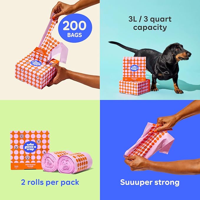 Who Gives a Crap 100% Recycled Pet Waste Bags, 200 Count, 3L / 3 Quart, Designed to Help Resist Leaks and Tears, Tie Handle Poop Bags for Small and Large Dogs, Sustainable Unscented Dog Trash Bags