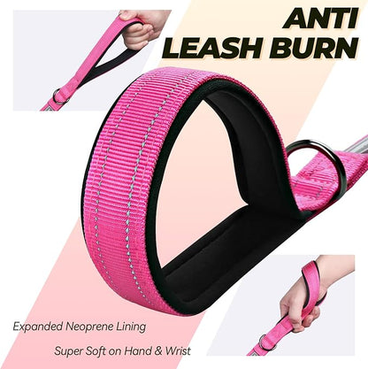 VIVAGLORY Dog Leash Twingrip Double Handle Dog Leash with Traffic Handle Control & 2 Loop for Walking & Training, Reflective Heavy Duty for Puppy Pet Collar, 5ft x 1in, Pink