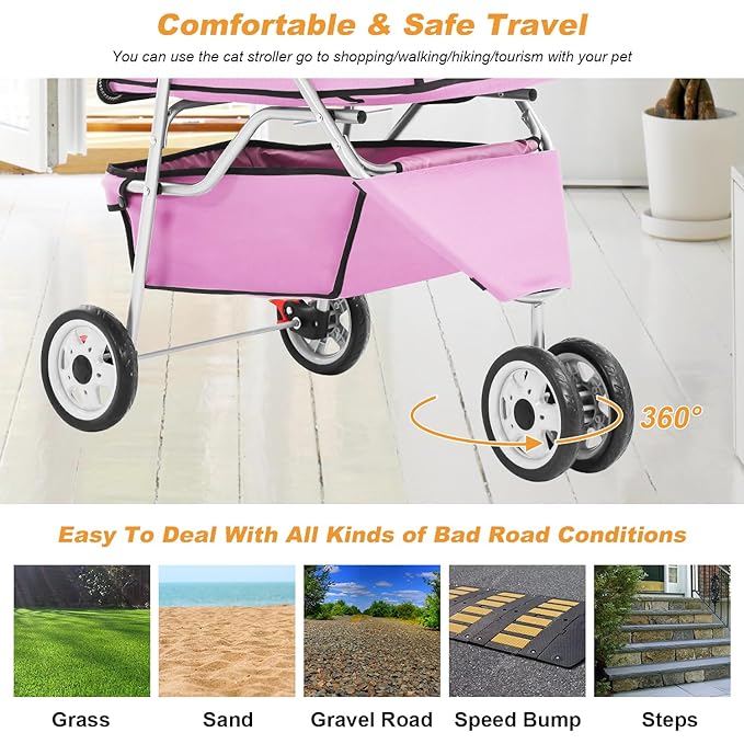 BestPet 3 Wheels Pet Dog Stroller Cat Cage Jogger Stroller Cats Travel Folding Carrier Waterproof with Cup Holder & Removable Liner,Pink
