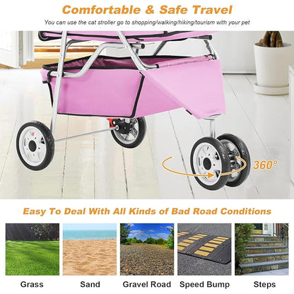 BestPet 3 Wheels Pet Dog Stroller Cat Cage Jogger Stroller Cats Travel Folding Carrier Waterproof with Cup Holder & Removable Liner,Pink