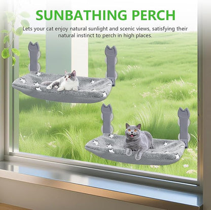 2 Pack Cat Window Perch,Cat Window Hammock Cordless Foldable Window Bed with 4 Large Strong Suction Cup,Reversible Cushion Cover,Metal Frame Easy to Adjust Window Seat Holds up to 40lbs(Star White