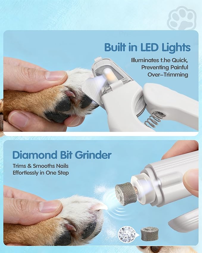 2 in 1 Dog Nail Clippers & Dog Nail Grinder for Large Medium Small Dogs Cats Claw Trimmer with 2 LED Lights & Splash Guard, Ultra-Quiet, USB Rechargeable Pet Claw Care Grooming