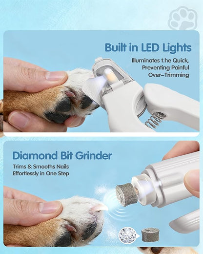 2 in 1 Dog Nail Clippers & Dog Nail Grinder for Large Medium Small Dogs Cats Claw Trimmer with 2 LED Lights & Splash Guard, Ultra-Quiet, USB Rechargeable Pet Claw Care Grooming