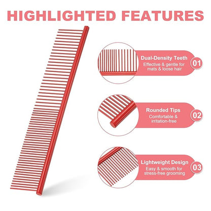 Dog Cat Comb, Pet Combs Stainless Steel Teeth with Rounded Ends for Knots Mats Loose Hair Removal, 7.5IN (Red Coated, 3 Pack), Grooming Tool Intended for Long Curly Hair Pet