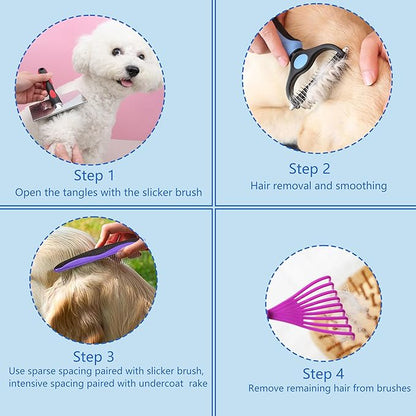 5-in-1 Dog & Cat Extra Long Pin Grooming Kit Slicker Brush for Large Dogs Cats Remove Loose Fur, Undercoat Brush for Shedding, Dematting Comb & Cleaner for Long Haired Pets