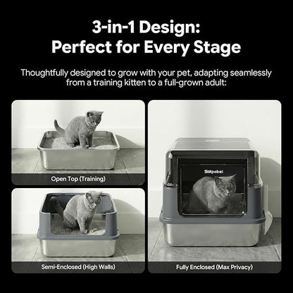 Stainless Steel Cat Litter Box with Lid – Enclosed & Covered High-Sided Kitty Litter Box, Medium or Small, Metal Litter Pan for Cats and Kittens, Odor Control, Easy Cleaning