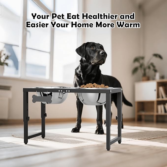Adjustable Height Elevated Dog Bowls Stand, 2 x 58oz Stainless Steel Raised Dog Food & Water Bowls Holder for Medium, Large, Tall Dogs, Black
