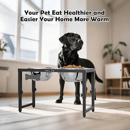 Adjustable Height Elevated Dog Bowls Stand, 2 x 58oz Stainless Steel Raised Dog Food & Water Bowls Holder for Medium, Large, Tall Dogs, Black