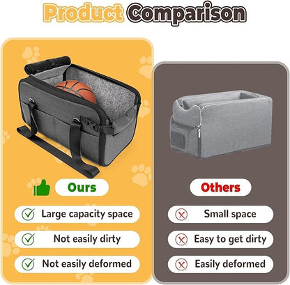 YUDODO Large Dog Car Seat for Center Console (Width＞9.5in) Fits 10-18lbs, Anti-Slip Puppy Cat Travel Portable Booster Seat, Luxury Pet Car Bed Carseat PU Leather Gray