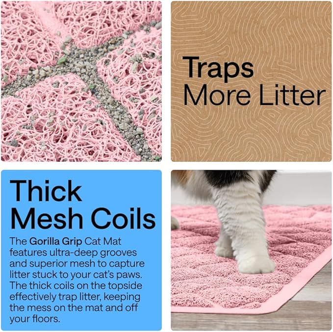 GORILLA GRIP Cat Litter Box Mat, Cushioned Coil Mesh Litter Trapping Mats, Scatter Control Supplies for Less Mess, Phthalate Free, Ultra Deep Catch Grooves, Rinse or Vacuum to Clean, 24x17 Light Pink