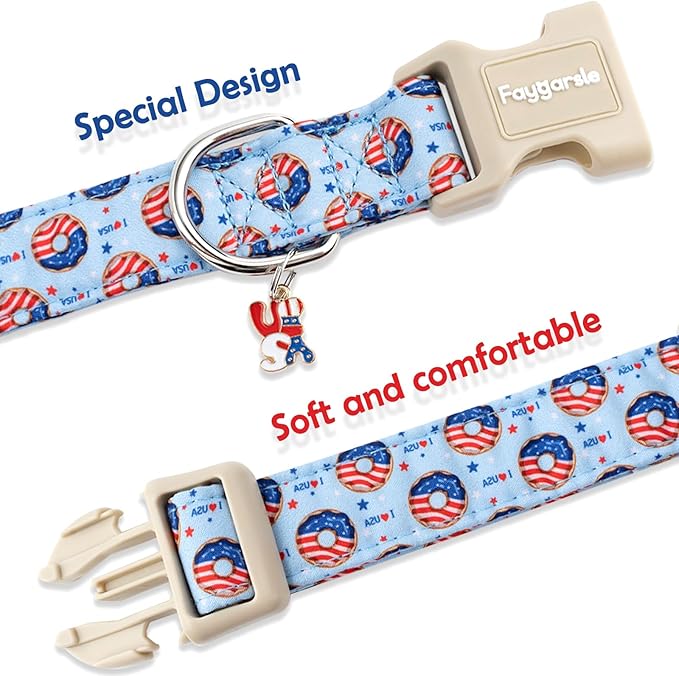 Faygarsle Patriotic Dog Collar, 4th of July Design, American Flag Pattern, Light Blue Summer Design for Small Medium Large Dogs M