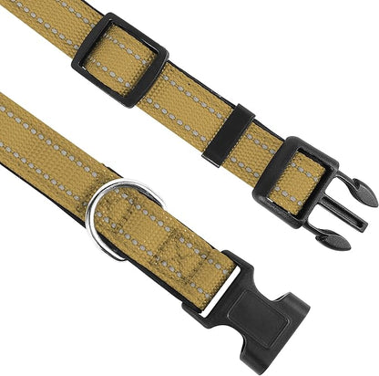Reflective Dog Collar, Adjustable Soft Neoprene Padded Nylon Pet Collars with Buckle for Small Dogs, Khaki,S