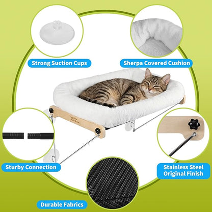 HoneyGuardian Cat Window Prech,Metal Support from Below with 4 Suction Cups, with Plush Cushion, Cat Window Hammock for Large Cats and Kittens