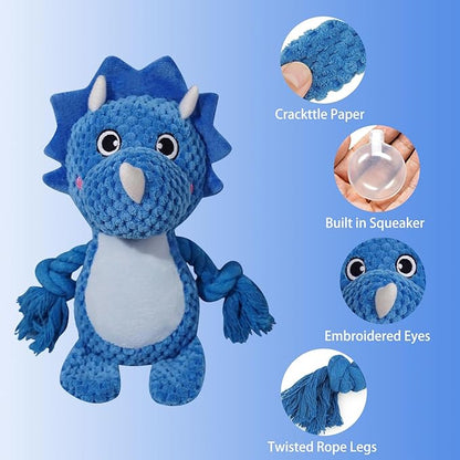 Cute Animals Interactive Squeaky Dog Toy with a Vocal Bladder, Crinkle Paper Stuffed Soft Cotton Chew Toy, Teething Rope Tug of War Pull Toy to Keep Them Busy for Puppy, Small Dogs - Blue Triceratops