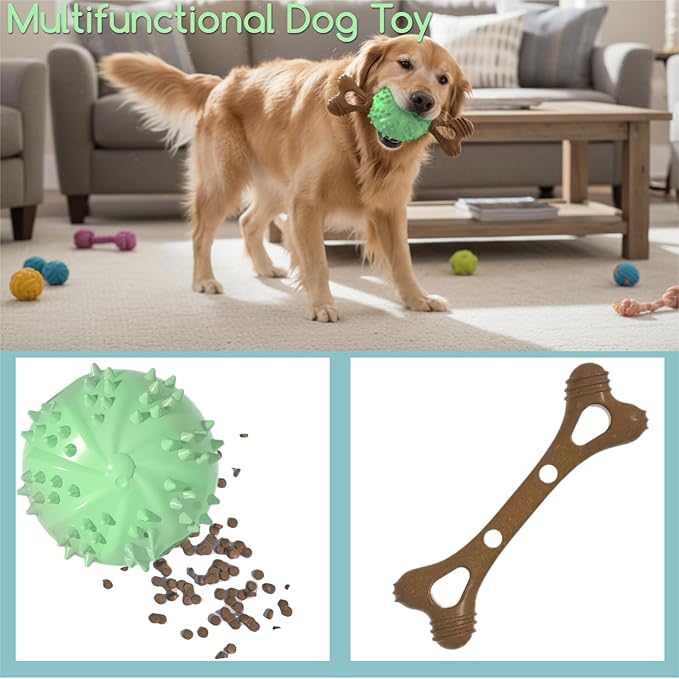 Dog Toys,Hybrid Dog Chew Toy for Aggressive Chewers, 2-in-1 Durable Wood-Plastic Bone & TPR Spike Ball, Natural Wood Scent, Integrated Safe Design for 20-100 lbs Medium Large Breeds