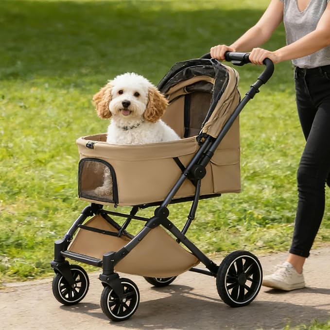 Small Dog Stroller, Pet Stroller for Small Dogs up to 55lbs- Fold All in One Without Detaching Carrier, Cat Stroller with Reversible Handle,Cup Holder (Khaki)