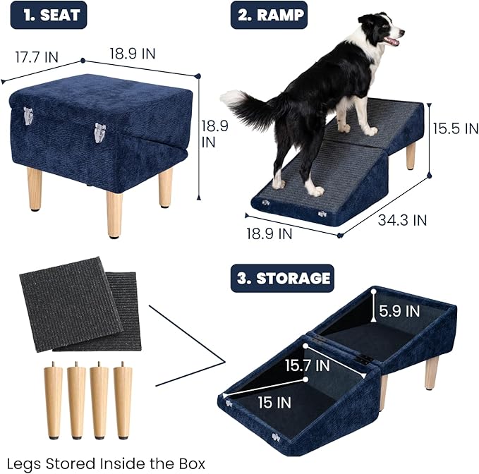3-in-1 Dog Ramp 18.9"×17.7"×18.9" with Storage – Pet Stairs for Senior & Injured Dogs & Cats, Hidden Storage Footstool, Ottoman Anti-Slip, Supports 220 lbs for Beds & Sofas