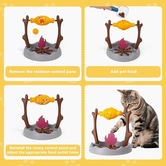 Cat Slow Feeder, Interactive Cat Puzzle Toy Treat Dispenser - BBQ Campfire Grill Design, Adjustable Rotating Roast Fish Flame Mental Stimulation Food Dispensing Toy for Indoor Cats Kittens