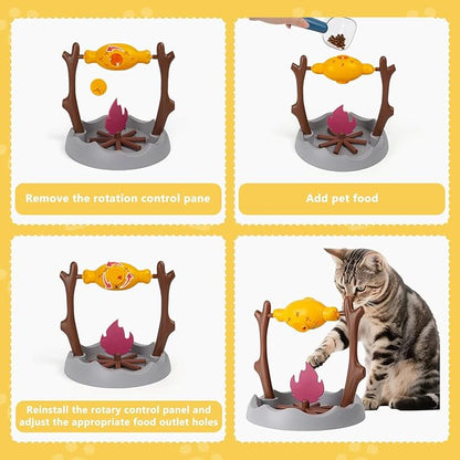 Cat Slow Feeder, Interactive Cat Puzzle Toy Treat Dispenser - BBQ Campfire Grill Design, Adjustable Rotating Roast Fish Flame Mental Stimulation Food Dispensing Toy for Indoor Cats Kittens