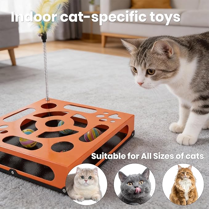 2026 New Metal Cat Scratch Puzzle Enrichment Box,cat Puzzle, 1 Spring-Loaded Colorful Feather Stick with a Bell,No Assembly Required, All Cats Indoor Play Toy