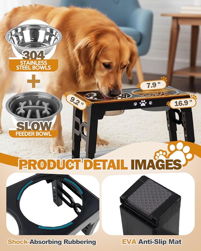 Elevated Dog Bowls for Medium Size Dogs with Mat, Non-Slip Dog Feeder with 1*Stainless Steel Dishes & 1*Slow Feeder Bowl, 5 Heights Adjustable Raised Bowls for 3.15″-8.66″-9.84″-11.02″-12.2″