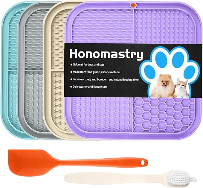 Lick Mat for Dogs, Premium Lick Pad with Suction Cups for Dog Anxiety Relief, Slow Feeder Dog Bowls, Bathing, Grooming and Training (Cyan, Purple, Beige, Grey, 4pack)