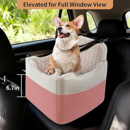 Dog Car Seat for Small Medium Dogs - 6.7inch Elevated Dog Booster Car Seats with Deluxe Rose Plush, Washable Safety Pet Carseat Travel Bed with 2 Safety Belts and Storage Pockets(Beige)