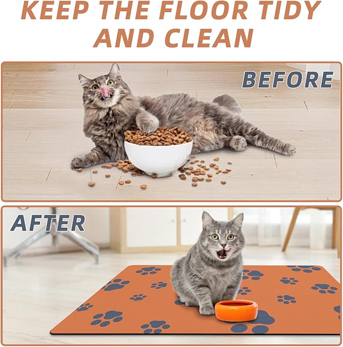 12"×20" Dog Food Mat-Absorbent Dog Mat for Food and Water, No Stains Quick Dry Cat Bowl Mat Non Skid Feeding Mat with Footprints for Messy Drinkers Orange