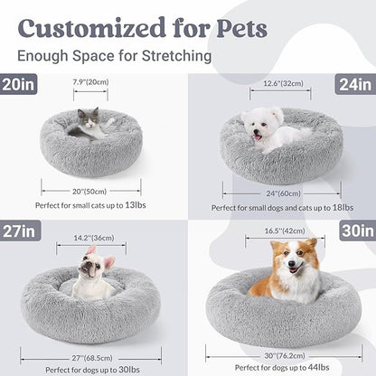 rabbitgoo Dog Bed for Small, 24 inches Machine Washable, Fluffy Donut Pet Bed Anti-Slip, Calming Soft Plush Round Cushion, Fits up to 18 lbs Pets, Light Grey