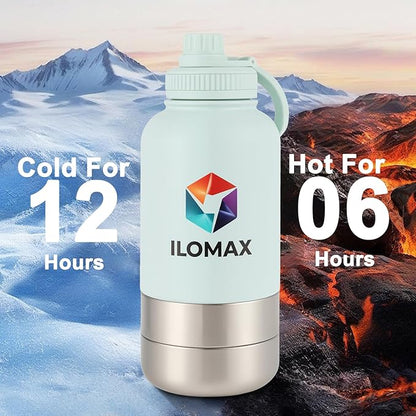 ILOMAX 3-in-1 Stainless Steel Dog Travel Water Bottle with Food & Water Bowls, Leak-Proof & Insulated, Extra Magnetic Lid, Keeps Drinks Cold 12H/Hot 6H, Portable Outdoor Hydration, 32oz (Bluish White)
