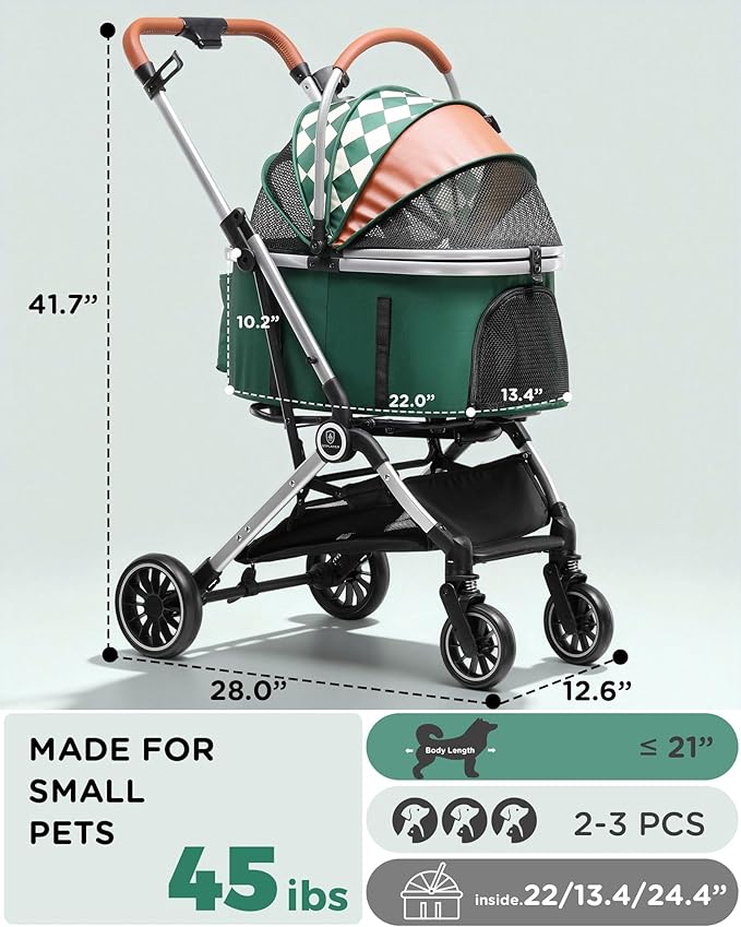 GTPLAYER Pet Stroller for Dogs & Cats, 3-in-1 Foldable Pet Stroller with Detachable Carrier, 360° Swivel Front Wheels & Rear Brakes, Up to 45 lbs, Green