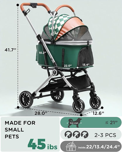 GTPLAYER Pet Stroller for Dogs & Cats, 3-in-1 Foldable Pet Stroller with Detachable Carrier, 360° Swivel Front Wheels & Rear Brakes, Up to 45 lbs, Green