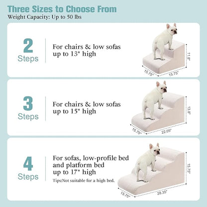 Dog Stairs for Small Dogs, 4-Step Dog Steps for Couch Sofa and Low-Profile & Platform Bed, High-Density Foam Pet Steps Ramp with Removable Washable Cover for Older Injured Dogs Cats, 15.75" H, Beige