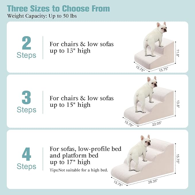 Dog Stairs for Small Dogs, 3-Step Dog Steps for Couch Sofa and Chairs, High-Density Foam Pet Steps Ramp with Removable Washable Cover for Older Injured Puppy Dogs and Cats, 13.78" H, Beige