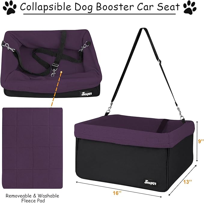 JESPET & GOOPAWS Dog Booster Seats for Cars, Portable Dog Car Seat Travel Carrier with Seat Belt for 24lbs Pets (Purple-16 L x 13" D x 9" H)