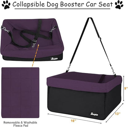 JESPET & GOOPAWS Dog Booster Seats for Cars, Portable Dog Car Seat Travel Carrier with Seat Belt for 24lbs Pets (Purple-16 L x 13" D x 9" H)