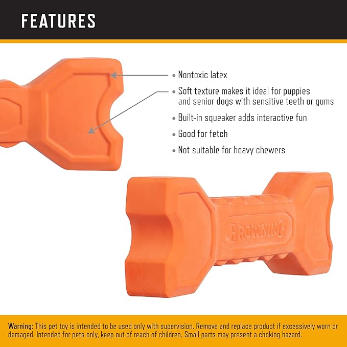 Browning Pet Training Tools, Durable Dog Toys for Tug and Fetch, Bone Squaker (Orange), One Size